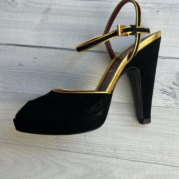 Prada Black Suede Slingback Peep Toe Platform Heels Size 5 - Picture 16 of 16